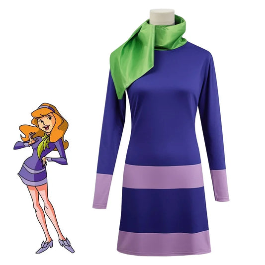 Disfraz de Daphne Mujeres adultas Disfraz de Halloween Vestidos de cosplay Trajes de manga larga Bodycon Vestido morado con bufanda