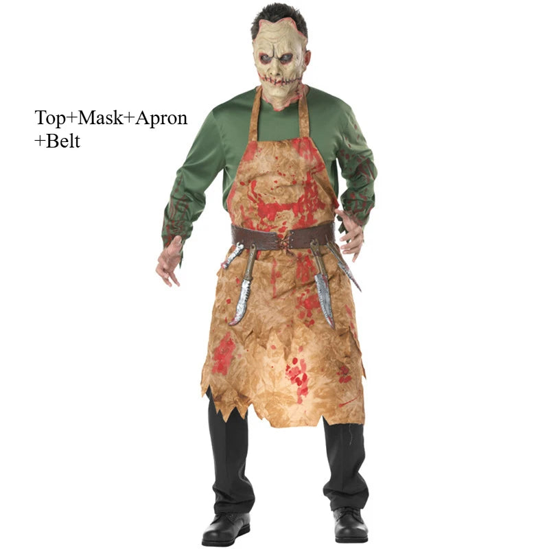 Disfraz de Halloween Disfraces de fiesta Hombres adultos Terror Sangre de miedo Zombie Carnicero Disfraz de chef Disfraz de cosplay con máscara Terrible