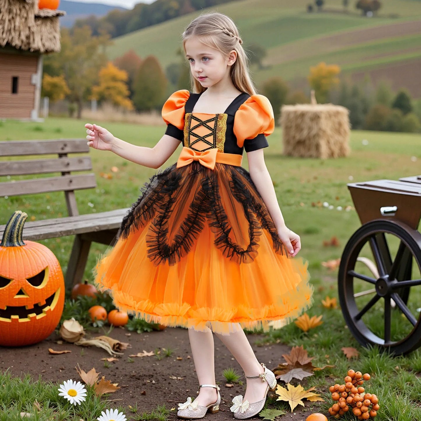 Disfraz de Halloween, cosplay de niña, actuación, vestido para niños, vestido naranja + calabaza, conjunto completo de disfraces para ocasiones especiales