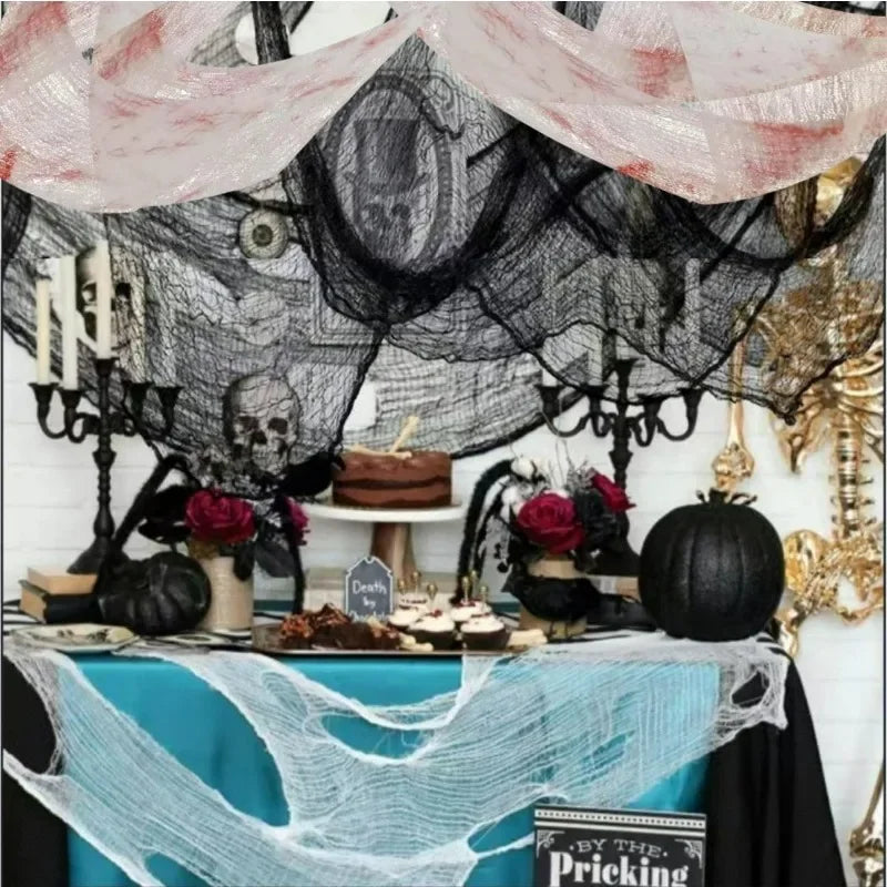 Tela de gasa sangrienta y espeluznante de Halloween, tela de gasa negra grande, tela de sangre espeluznante para la fiesta de Halloween, decoración del patio al aire libre