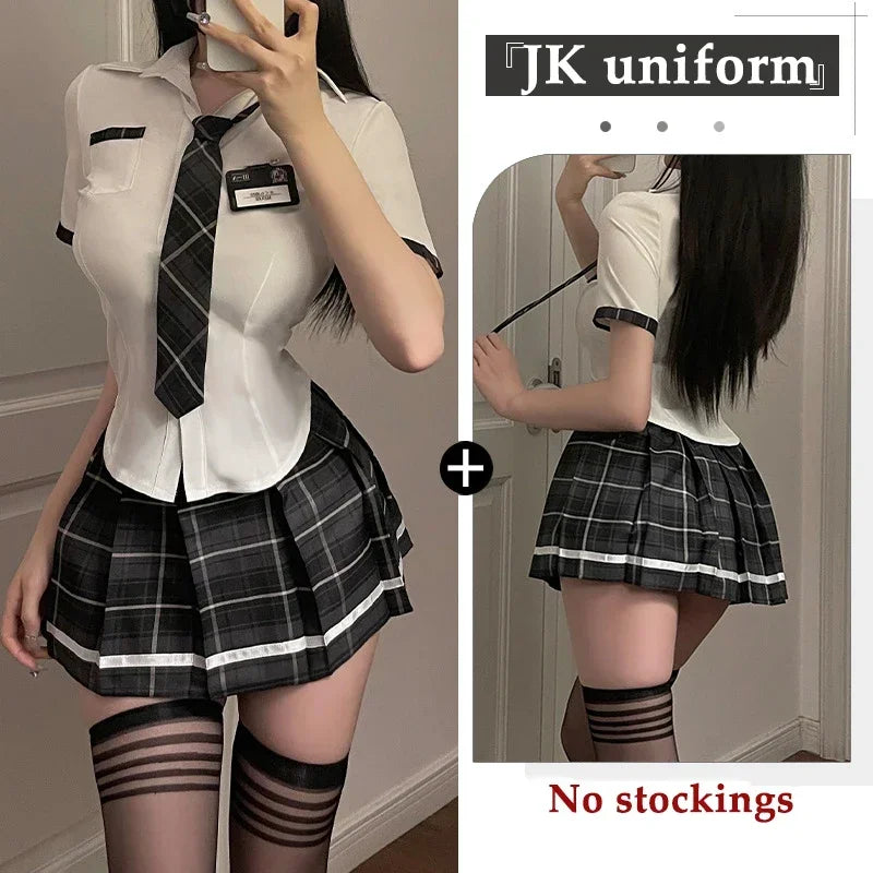 Conjunto de uniforme de estudiante sexy para mujeres, niñas de la escuela, fiesta temática, disfraz de cosplay, minifalda, conjunto de blusa ajustada, conjunto de lencería, club