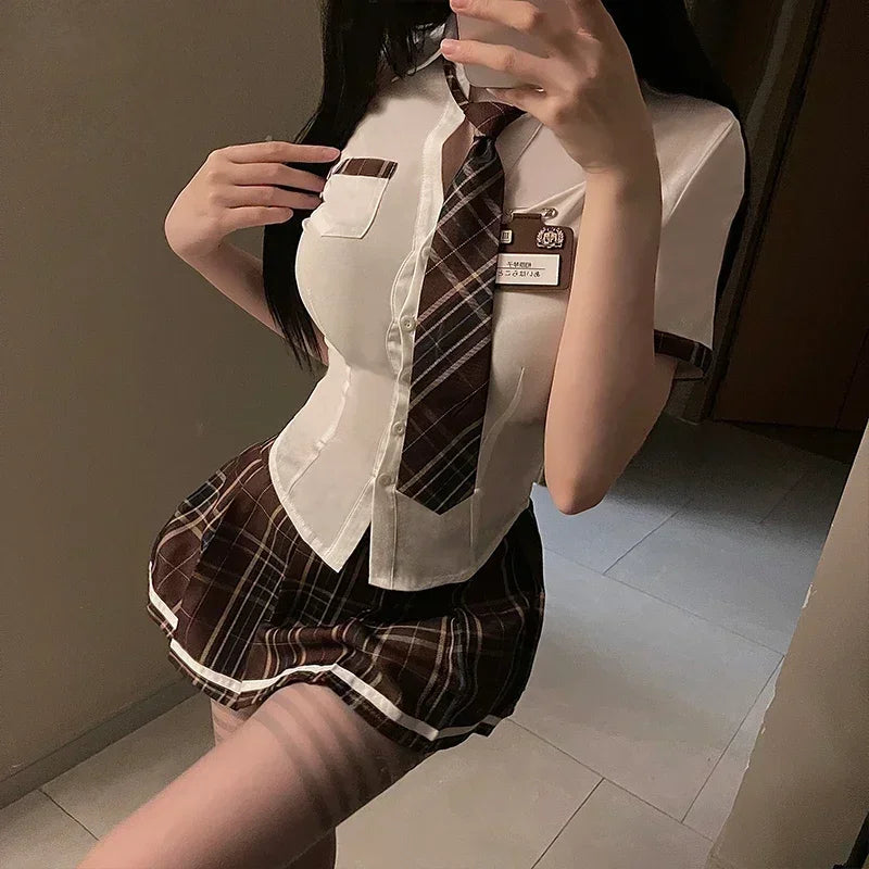 Conjunto de uniforme de estudiante sexy para mujeres, niñas de la escuela, fiesta temática, disfraz de cosplay, minifalda, conjunto de blusa ajustada, conjunto de lencería, club