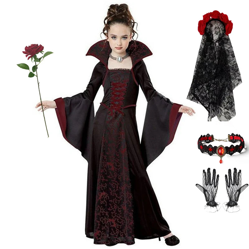 Disfraz de cosplay de vampiro de bruja negra de Halloween para niños y niñas, disfraz de carnaval