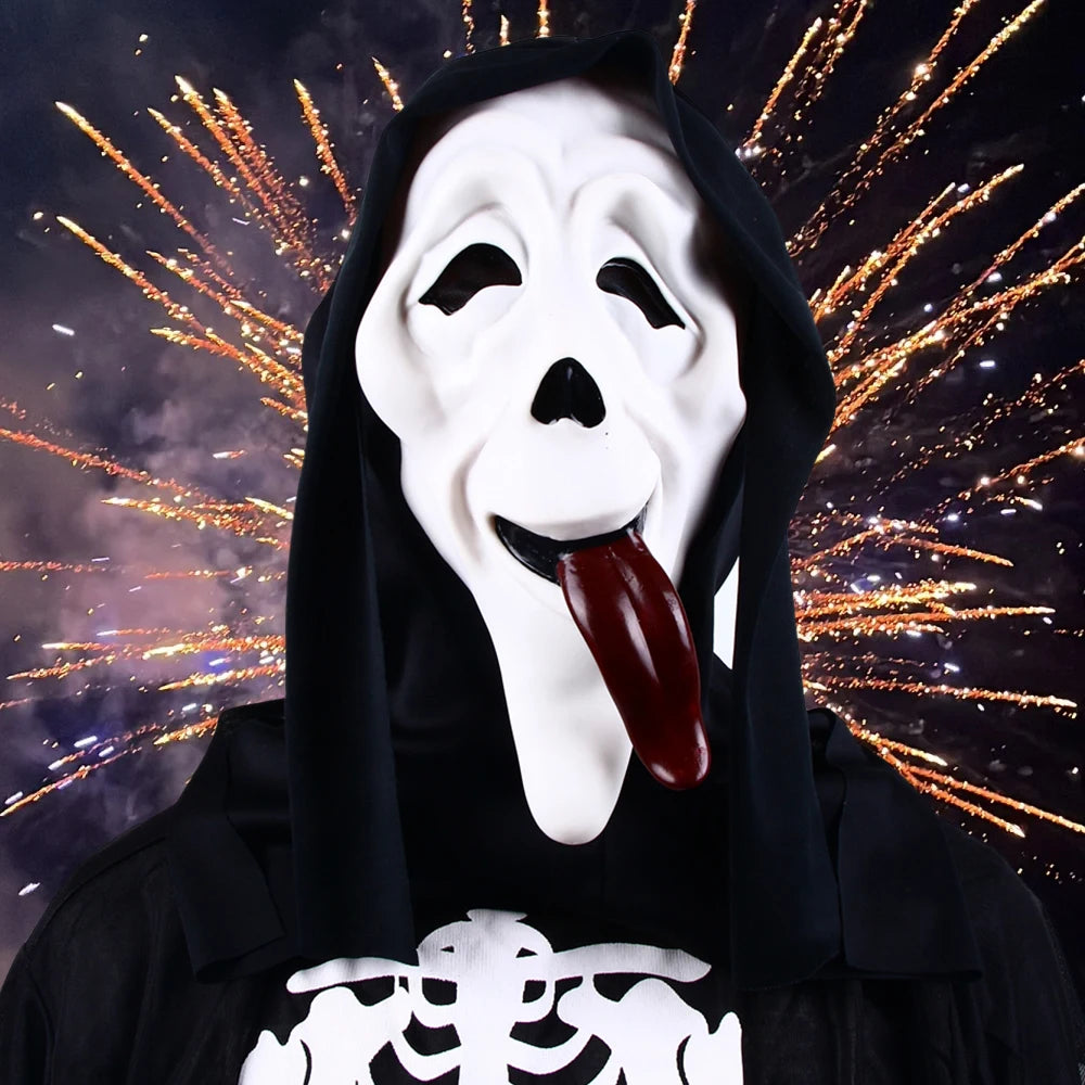 Película de Halloween de calidad, grito, máscara facial de terror, máscaras de fantasmas realistas espeluznantes, pegar la lengua fuera, divertido, aterrador, cosplay, accesorios de disfraz