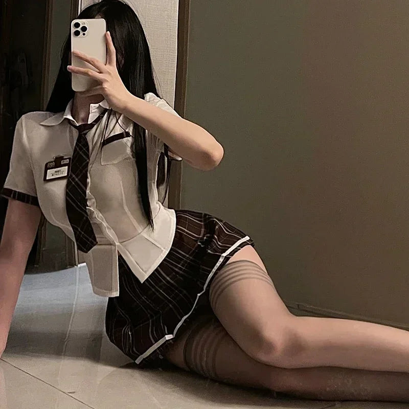 Conjunto de uniforme de estudiante sexy para mujeres, niñas de la escuela, fiesta temática, disfraz de cosplay, minifalda, conjunto de blusa ajustada, conjunto de lencería, club
