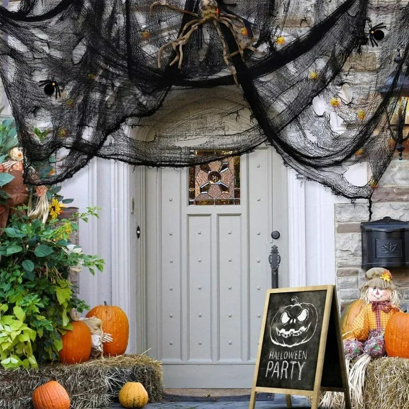 Tela de gasa sangrienta y espeluznante de Halloween, tela de gasa negra grande, tela de sangre espeluznante para la fiesta de Halloween, decoración del patio al aire libre