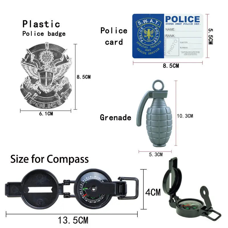 Disfraces de cosplay de policía para niños y niñas, juguetes de policía, policía, brújula, silbato, insignia de policía, accesorios de disfraces de carnaval, Halloween
