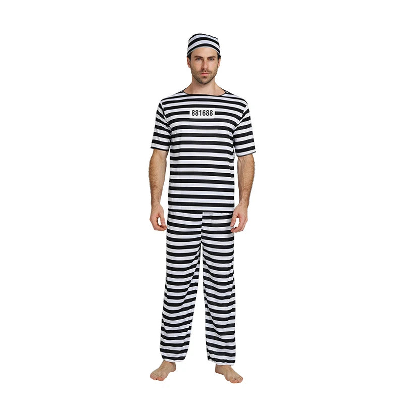 Disfraz de cosplay de prisionero de Halloween, recluso de prisión, pantalones de rayas y sombrero para hombre y mujer
