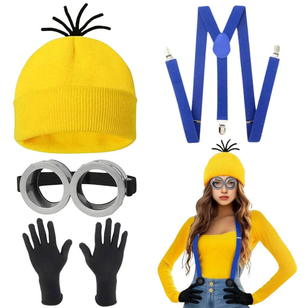 Disfraz MINISO Disfraz de Cosplay Disfraz Correas para adultos Gafas Gorro amarillos Guantes Halloween Carnaval Disfraz Accesorios