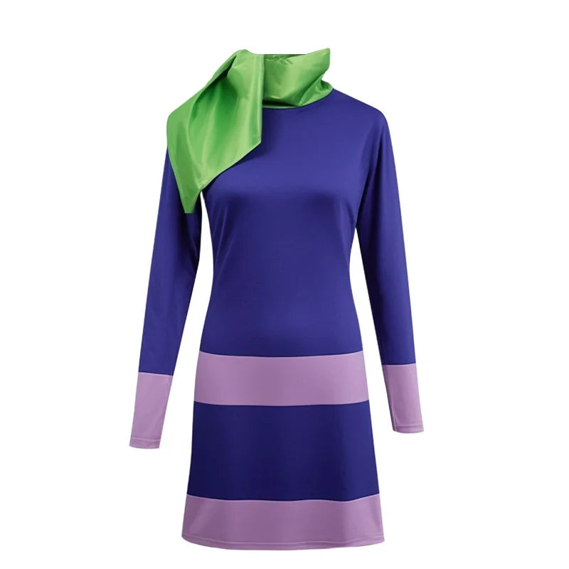 Disfraz de Daphne Mujeres adultas Disfraz de Halloween Vestidos de cosplay Trajes de manga larga Bodycon Vestido morado con bufanda