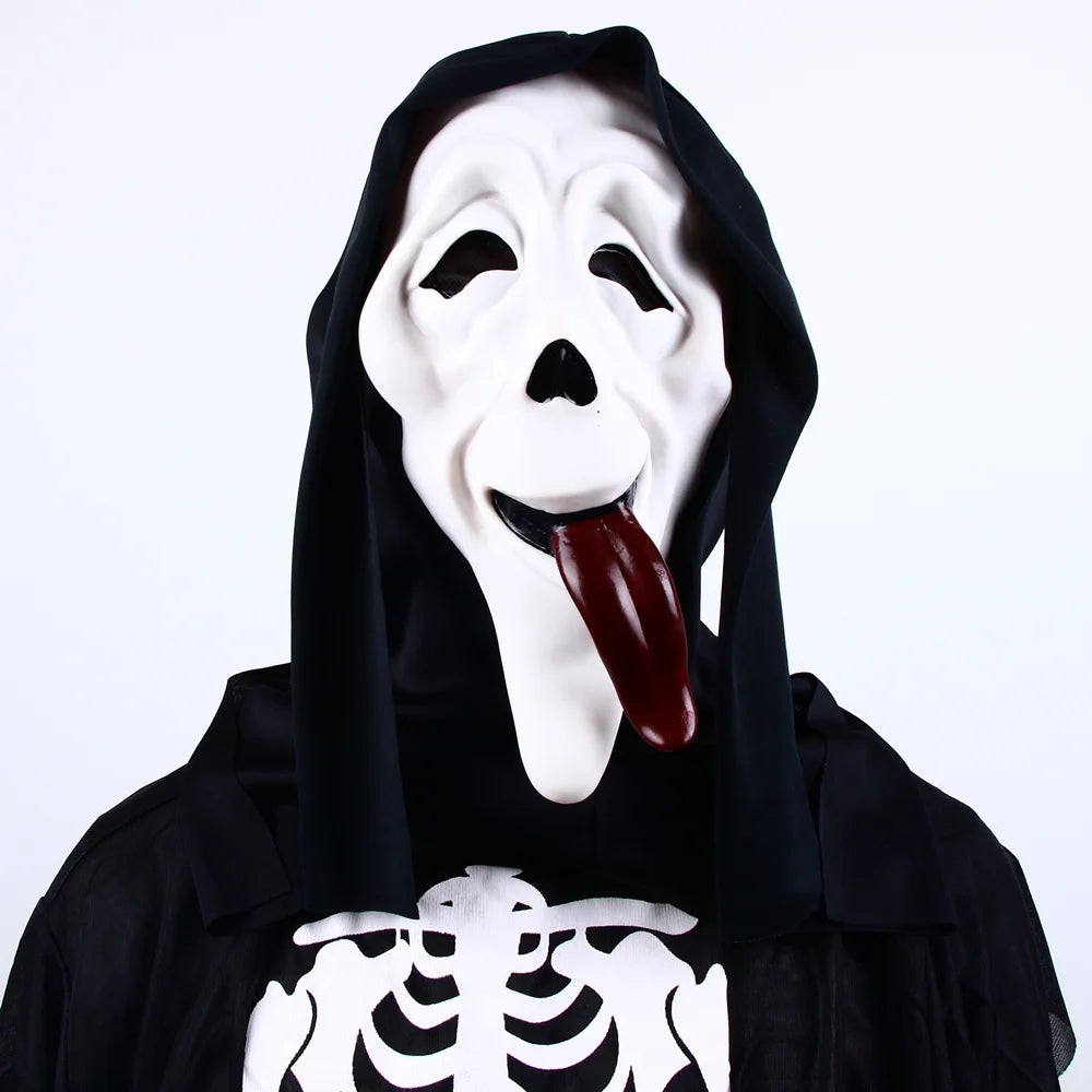 Película de Halloween de calidad, grito, máscara facial de terror, máscaras de fantasmas realistas espeluznantes, pegar la lengua fuera, divertido, aterrador, cosplay, accesorios de disfraz