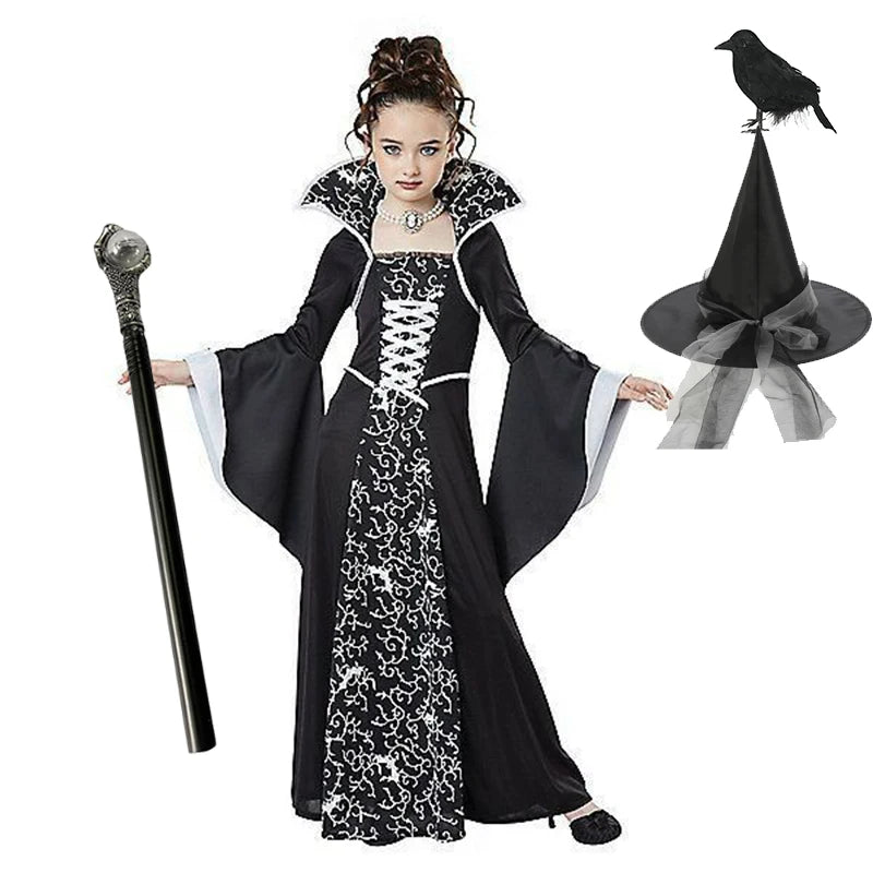 Disfraz de cosplay de vampiro de bruja negra de Halloween para niños y niñas, disfraz de carnaval