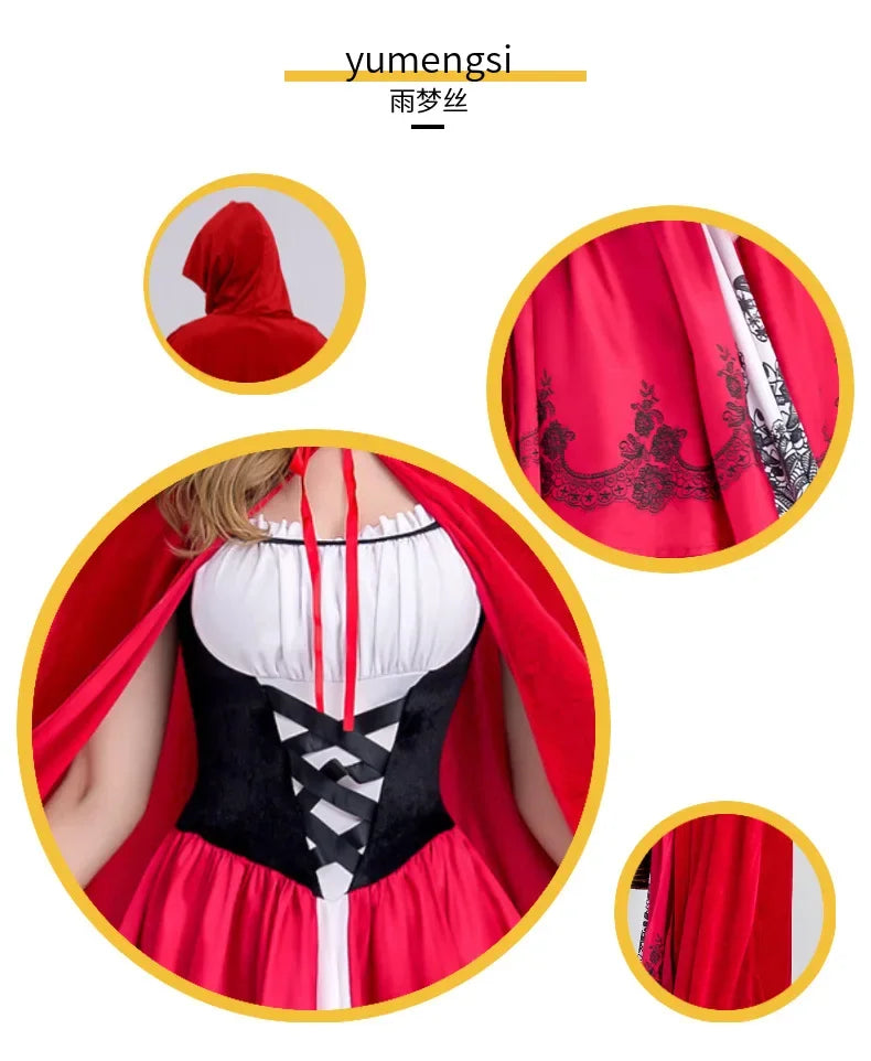 Disfraz de Caperucita Roja Capa Vestir Halloween Cosplay Cuento de hadas Princesa para mujeres Adultos