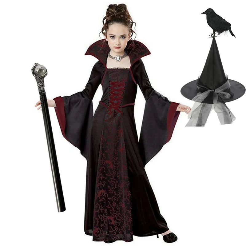 Disfraz de cosplay de vampiro de bruja negra de Halloween para niños y niñas, disfraz de carnaval