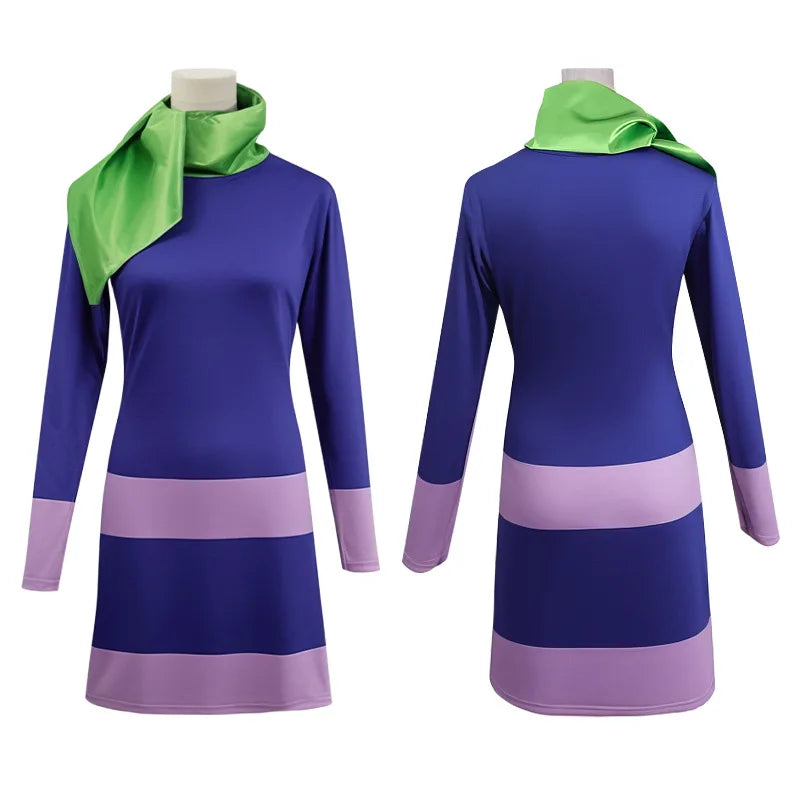 Disfraz de Daphne Mujeres adultas Disfraz de Halloween Vestidos de cosplay Trajes de manga larga Bodycon Vestido morado con bufanda