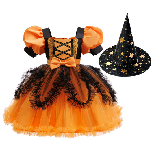 Disfraz de Halloween, cosplay de niña, actuación, vestido para niños, vestido naranja + calabaza, conjunto completo de disfraces para ocasiones especiales