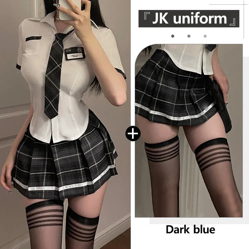Conjunto de uniforme de estudiante sexy para mujeres, niñas de la escuela, fiesta temática, disfraz de cosplay, minifalda, conjunto de blusa ajustada, conjunto de lencería, club