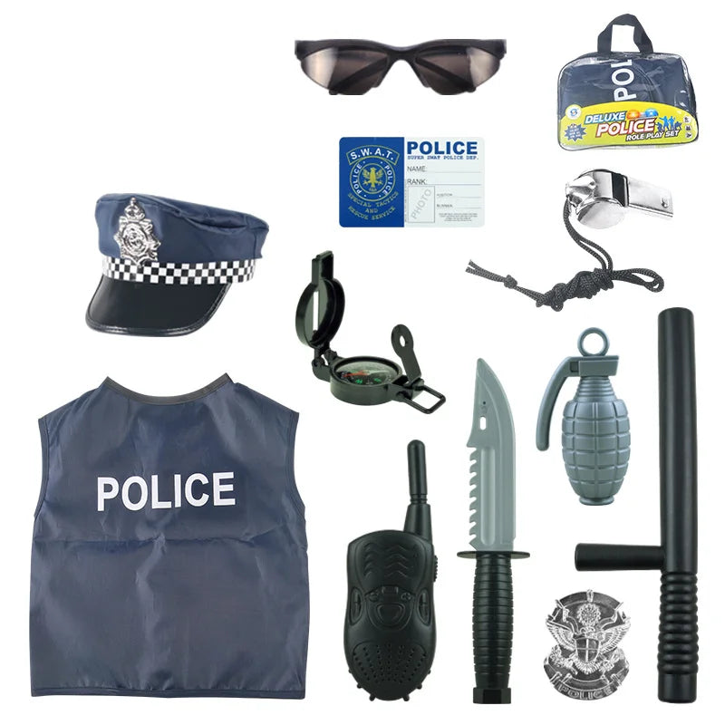 Disfraces de cosplay de policía para niños y niñas, juguetes de policía, policía, brújula, silbato, insignia de policía, accesorios de disfraces de carnaval, Halloween