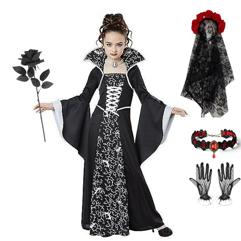 Disfraz de cosplay de vampiro de bruja negra de Halloween para niños y niñas, disfraz de carnaval