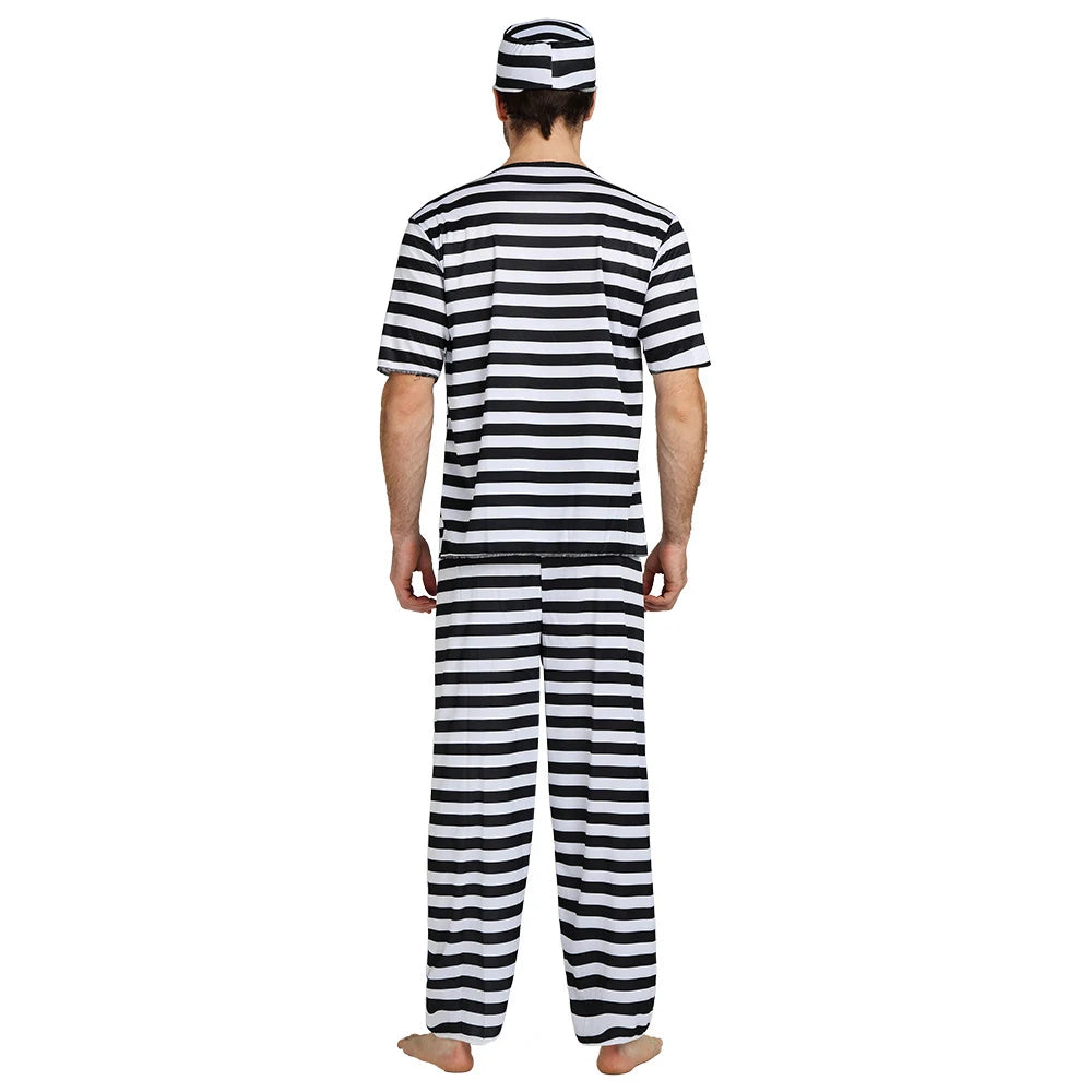 Disfraz de cosplay de prisionero de Halloween, recluso de prisión, pantalones de rayas y sombrero para hombre y mujer