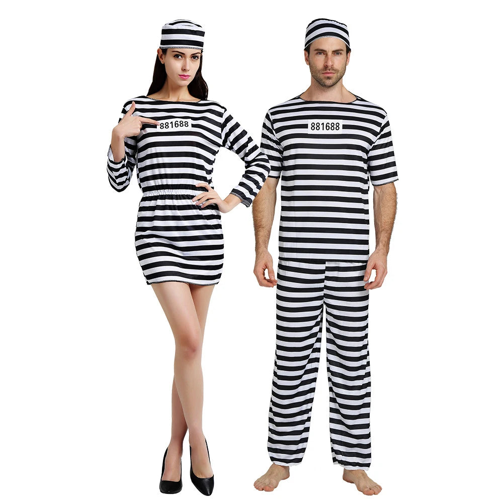 Disfraz de cosplay de prisionero de Halloween, recluso de prisión, pantalones de rayas y sombrero para hombre y mujer