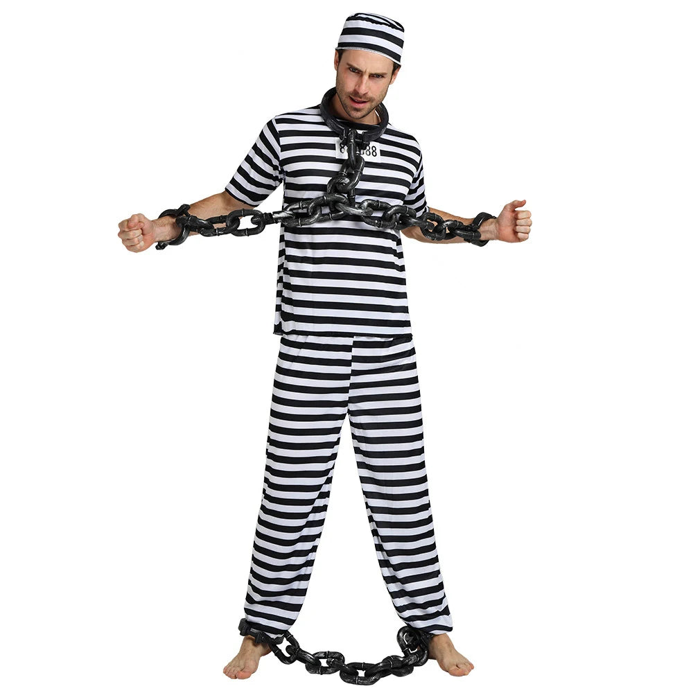 Disfraz de cosplay de prisionero de Halloween, recluso de prisión, pantalones de rayas y sombrero para hombre y mujer