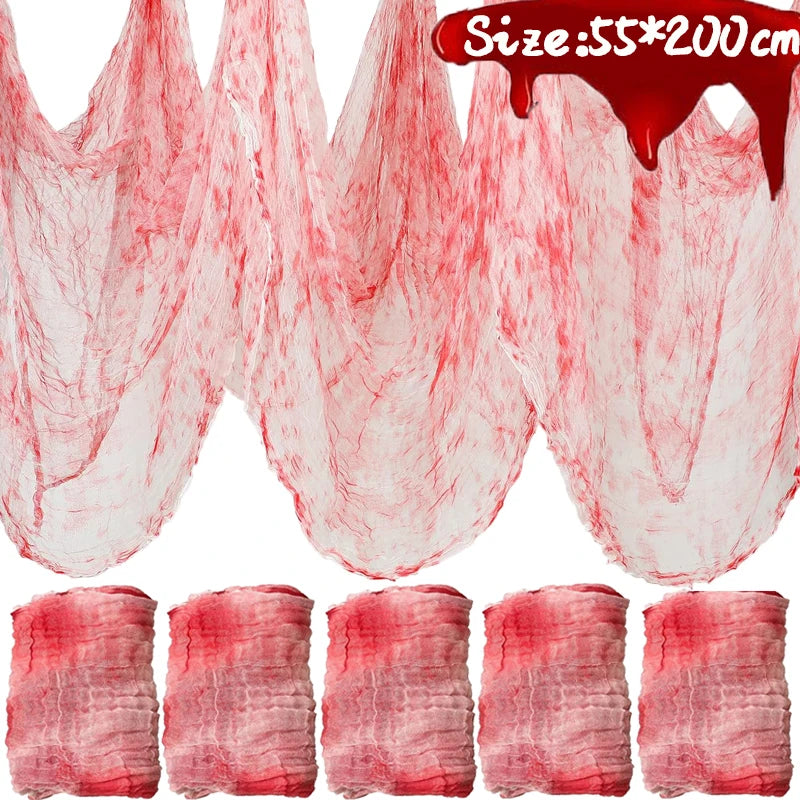 Tela de gasa sangrienta y espeluznante de Halloween, tela de gasa negra grande, tela de sangre espeluznante para la fiesta de Halloween, decoración del patio al aire libre