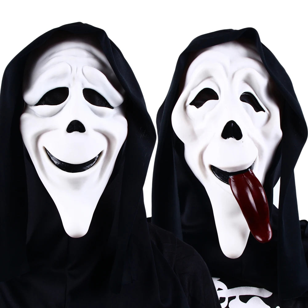Película de Halloween de calidad, grito, máscara facial de terror, máscaras de fantasmas realistas espeluznantes, pegar la lengua fuera, divertido, aterrador, cosplay, accesorios de disfraz