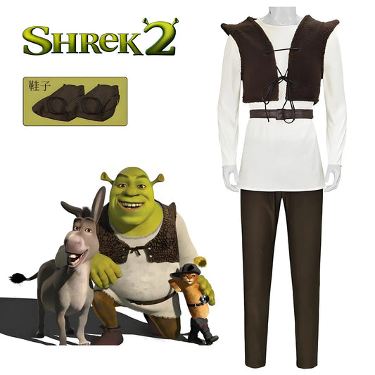 Disfraz de Shrek para hombre, camisa, chaleco, pantalones, conjunto completo, traje de Halloween