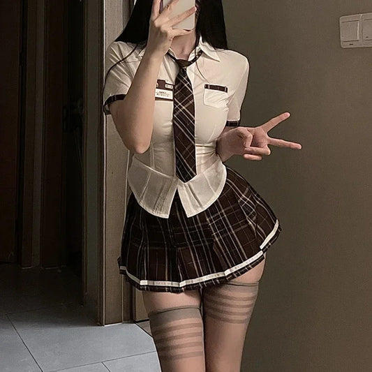 Conjunto de uniforme de estudiante sexy para mujeres, niñas de la escuela, fiesta temática, disfraz de cosplay, minifalda, conjunto de blusa ajustada, conjunto de lencería, club
