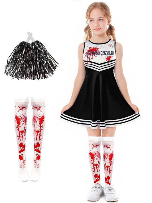 Disfraces de fiesta de Halloween Sangre de miedo Ropa de cosplay Niños Niñas Impresión digital Animadora Vestido para niños Traje de flores de mano