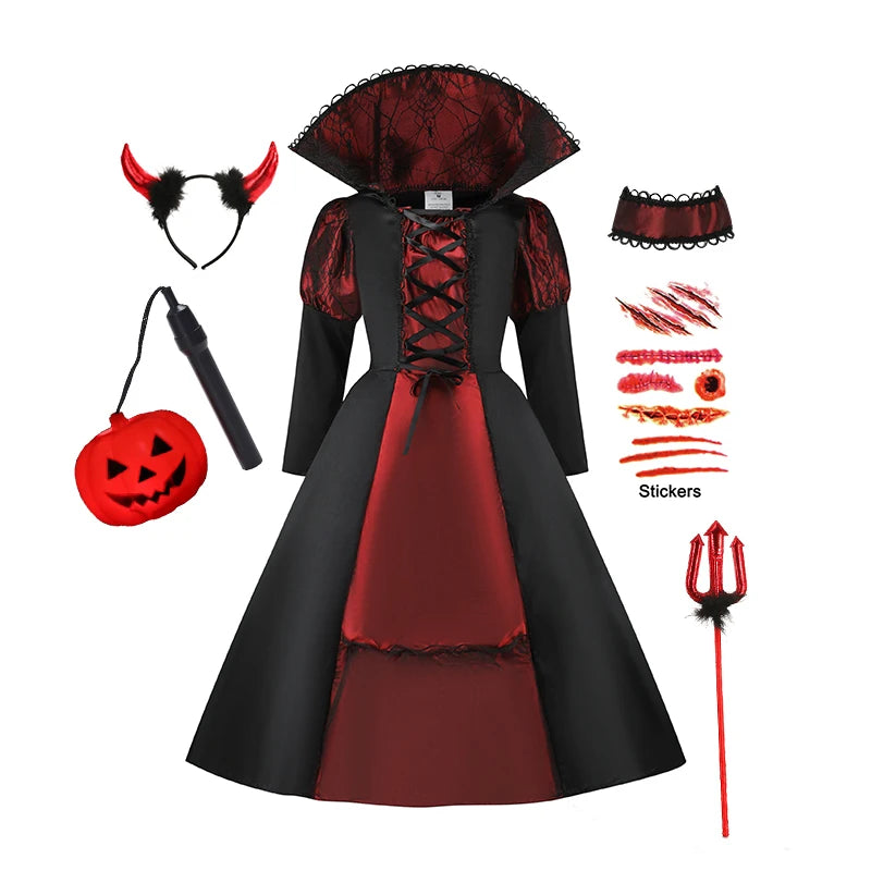 Disfraces de fantasía de Halloween para niños, novia fantasma gótica, vampiro rojo y cosplay del día de los muertos, niñas y niños