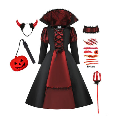 Disfraces de fantasía de Halloween para niños, novia fantasma gótica, vampiro rojo y cosplay del día de los muertos, niñas y niños