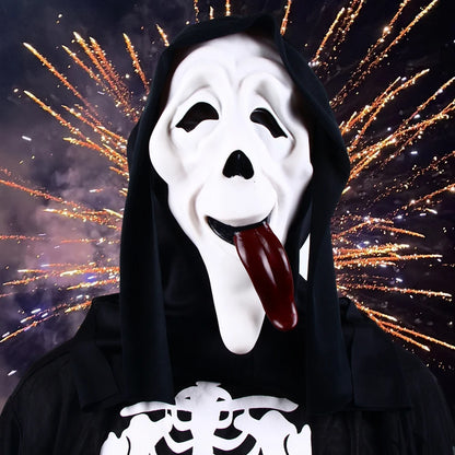 Película de Halloween de calidad, grito, máscara facial de terror, máscaras de fantasmas realistas espeluznantes, pegar la lengua fuera, divertido, aterrador, cosplay, accesorios de disfraz