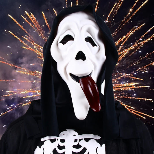 Película de Halloween de calidad, grito, máscara facial de terror, máscaras de fantasmas realistas espeluznantes, pegar la lengua fuera, divertido, aterrador, cosplay, accesorios de disfraz