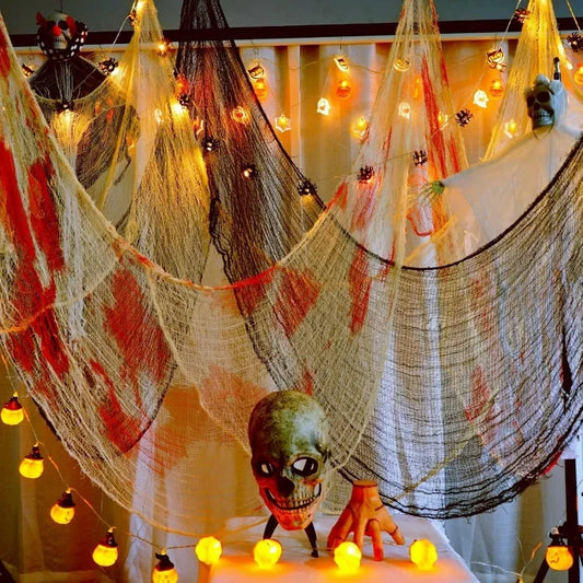Tela de gasa sangrienta y espeluznante de Halloween, tela de gasa negra grande, tela de sangre espeluznante para la fiesta de Halloween, decoración del patio al aire libre