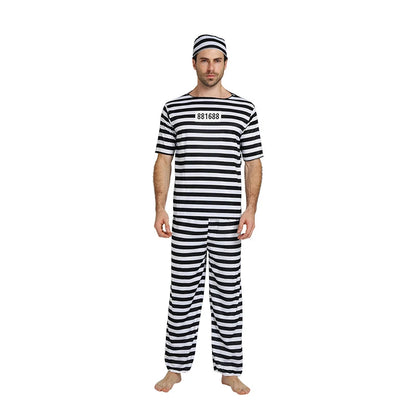 Disfraz de cosplay de prisionero de Halloween, recluso de prisión, pantalones de rayas y sombrero para hombre y mujer