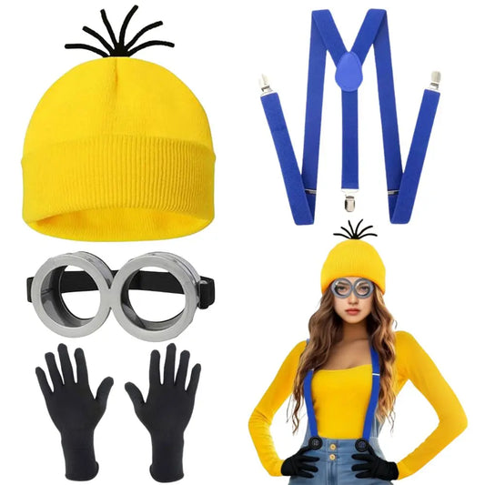 Disfraz MINISO Disfraz de Cosplay Disfraz Correas para adultos Gafas Gorro amarillos Guantes Halloween Carnaval Disfraz Accesorios