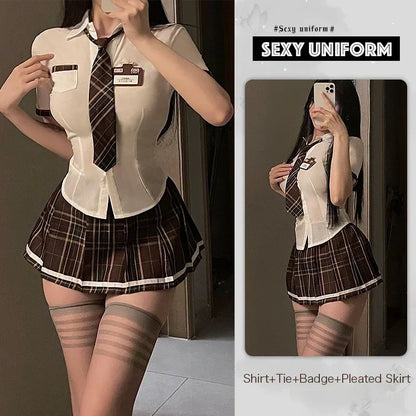 Conjunto de uniforme de estudiante sexy para mujeres, niñas de la escuela, fiesta temática, disfraz de cosplay, minifalda, conjunto de blusa ajustada, conjunto de lencería, club