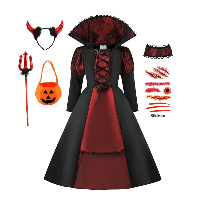 Disfraces de fantasía de Halloween para niños, novia fantasma gótica, vampiro rojo y cosplay del día de los muertos, niñas y niños