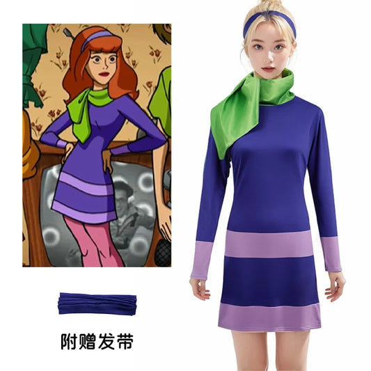 Disfraz de Daphne Mujeres adultas Disfraz de Halloween Vestidos de cosplay Trajes de manga larga Bodycon Vestido morado con bufanda