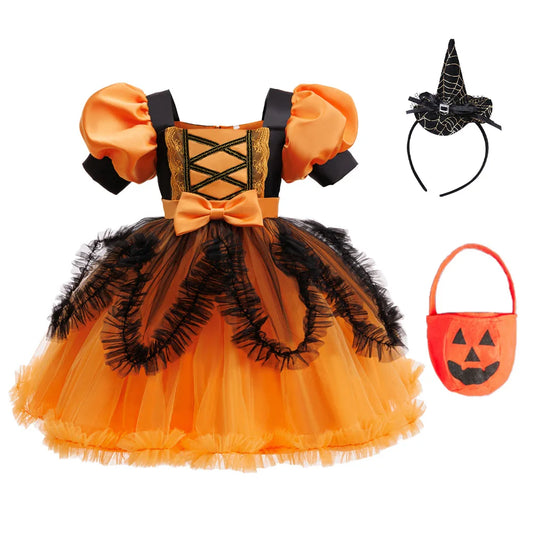 Disfraz de Halloween, cosplay de niña, actuación, vestido para niños, vestido naranja + calabaza, conjunto completo de disfraces para ocasiones especiales