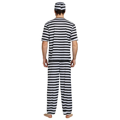 Disfraz de cosplay de prisionero de Halloween, recluso de prisión, pantalones de rayas y sombrero para hombre y mujer