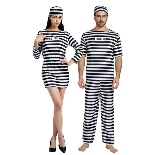 Disfraz de cosplay de prisionero de Halloween, recluso de prisión, pantalones de rayas y sombrero para hombre y mujer