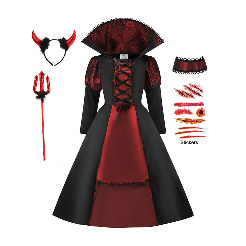 Disfraces de fantasía de Halloween para niños, novia fantasma gótica, vampiro rojo y cosplay del día de los muertos, niñas y niños